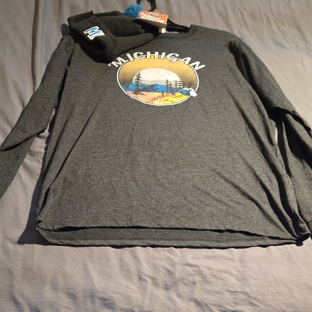 Michigan Graphic Long Sleeve Shirt and beanie combo NWT